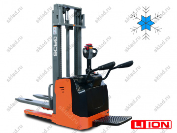 Самоходный штабелер 1500 кг с платформой и мачтой 4.5 метра GROS MB1545LC Li-ion (в холодном исполнении, завод MIMA)